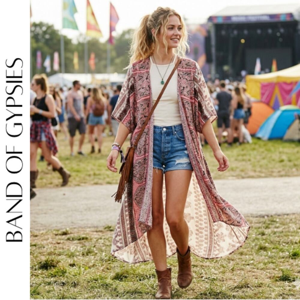 Boho Open Front Kimono Duster Band of Gypsies, Size Extra Small